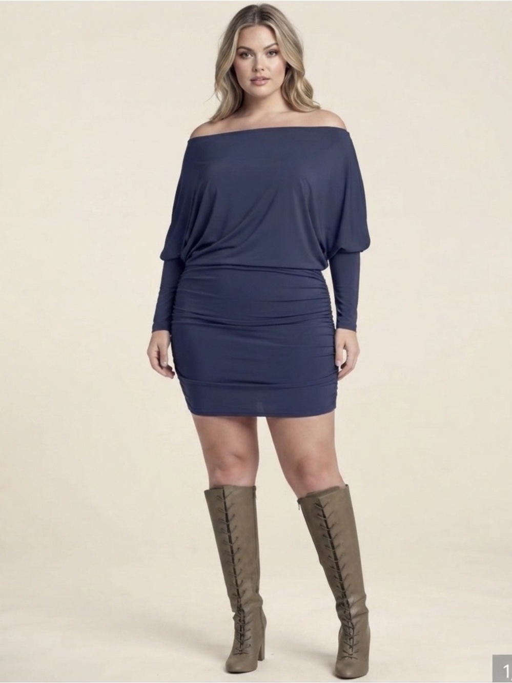 VENUS Navy Blue Off-Shoulder Dress